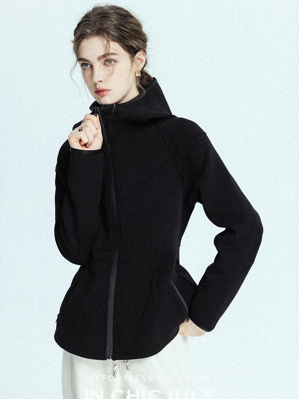 chicjuly Black Flocked Ultra Light Air Layer Hooded Waist Cinch Women's Casual Jackets
