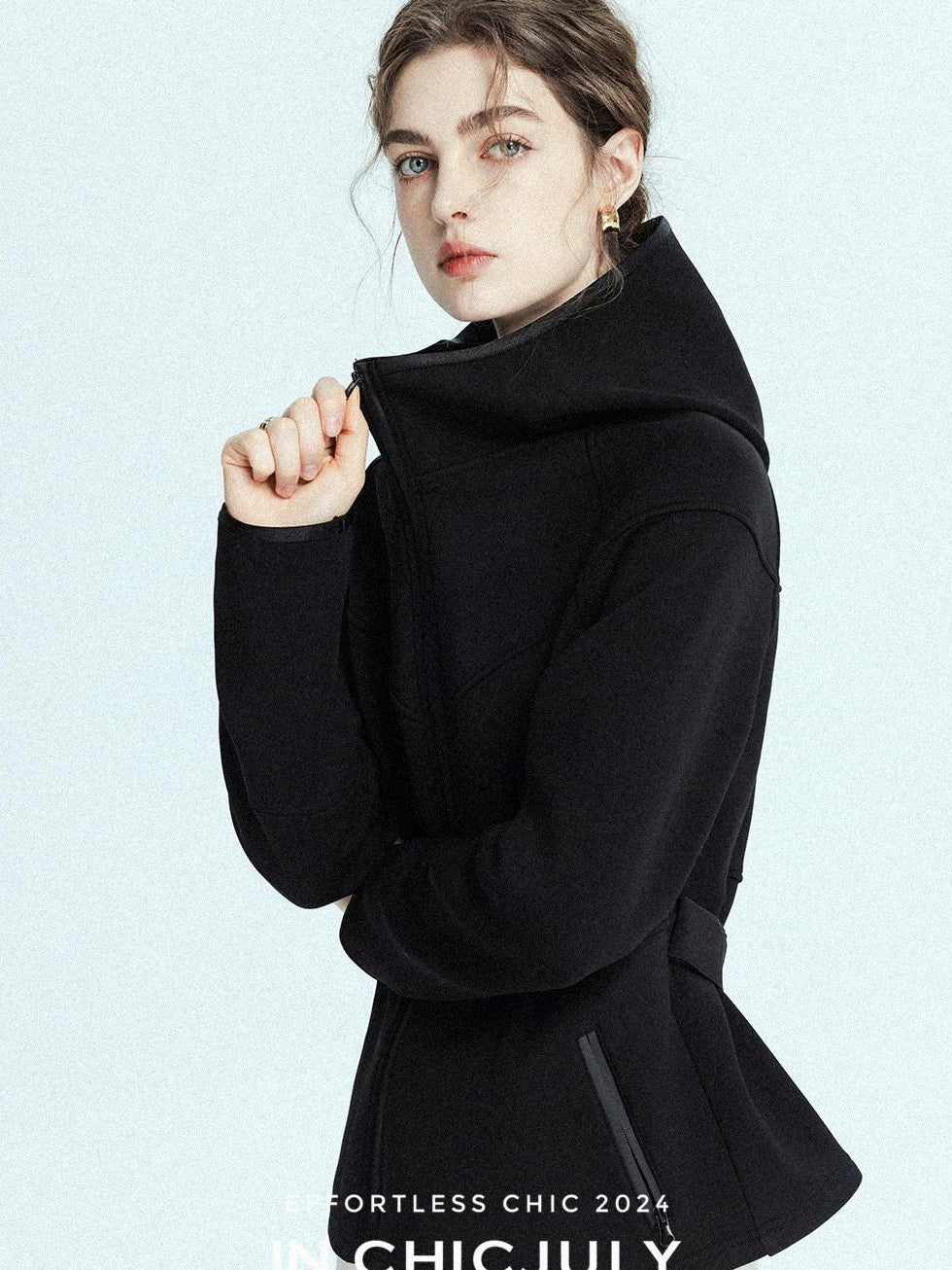 chicjuly Black Flocked Ultra Light Air Layer Hooded Waist Cinch Women's Casual Jackets