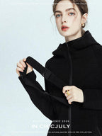 chicjuly Black Flocked Ultra Light Air Layer Hooded Waist Cinch Women's Casual Jackets