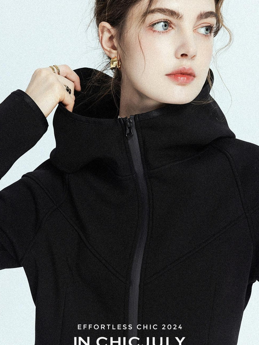 chicjuly Black Flocked Ultra Light Air Layer Hooded Waist Cinch Women's Casual Jackets