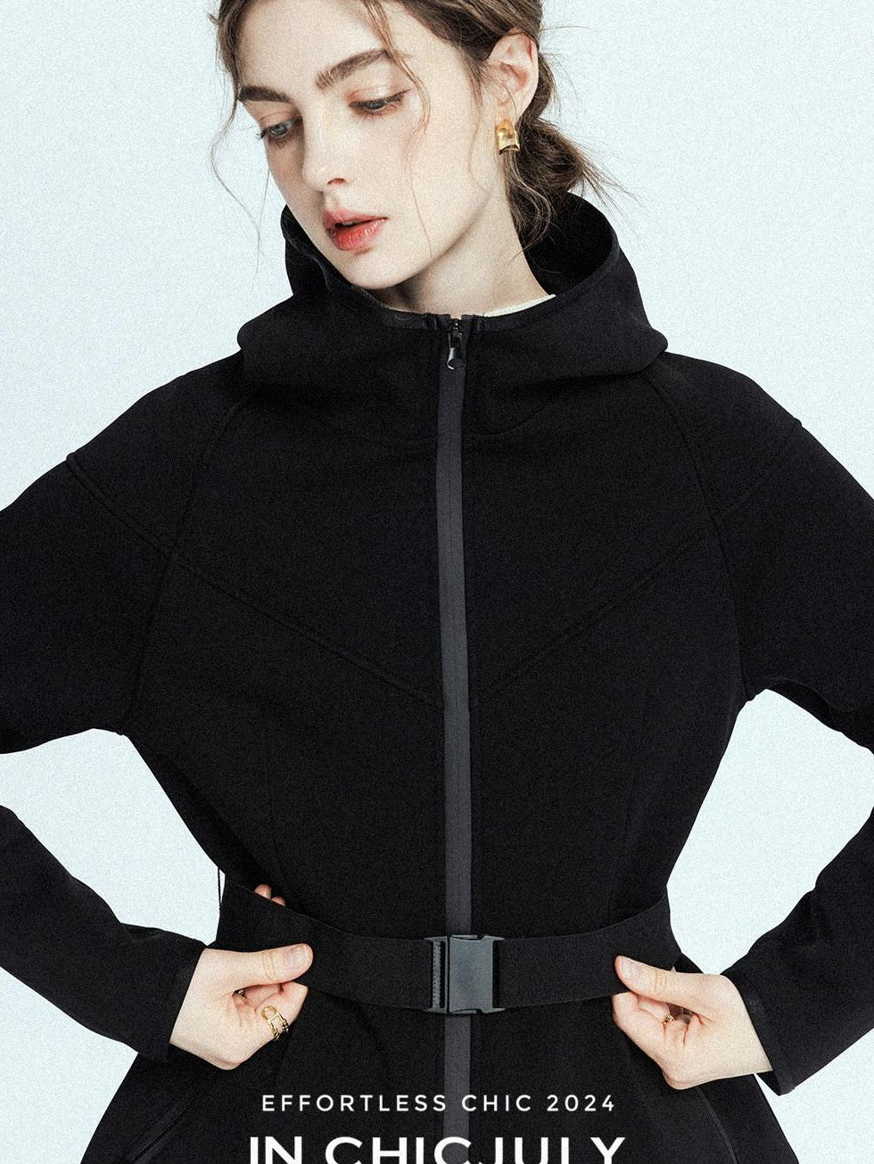 chicjuly Black Flocked Ultra Light Air Layer Hooded Waist Cinch Women's Casual Jackets