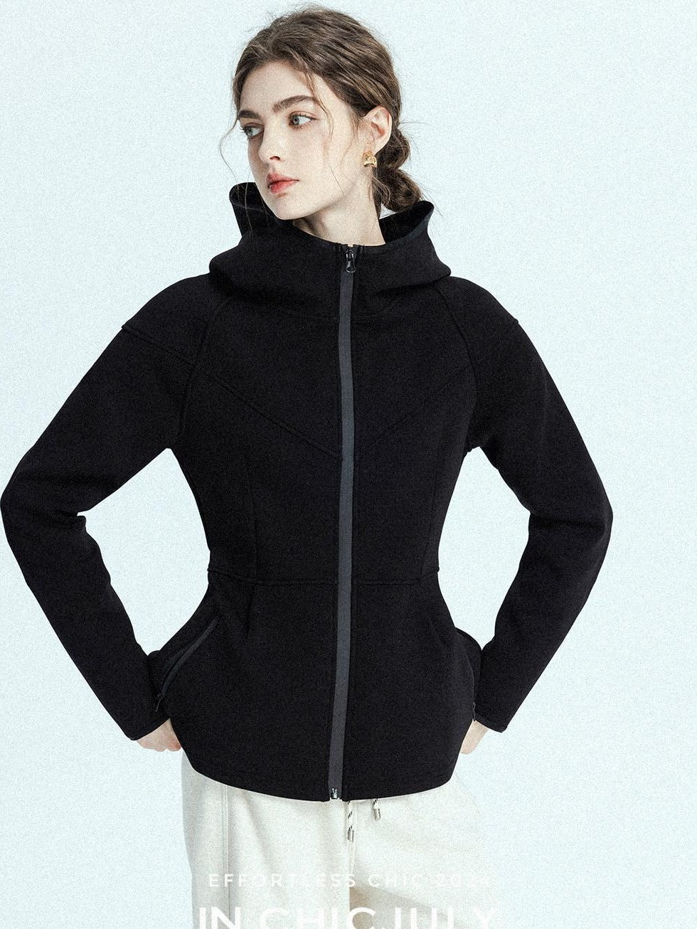 chicjuly Black Flocked Ultra Light Air Layer Hooded Waist Cinch Women's Casual Jackets