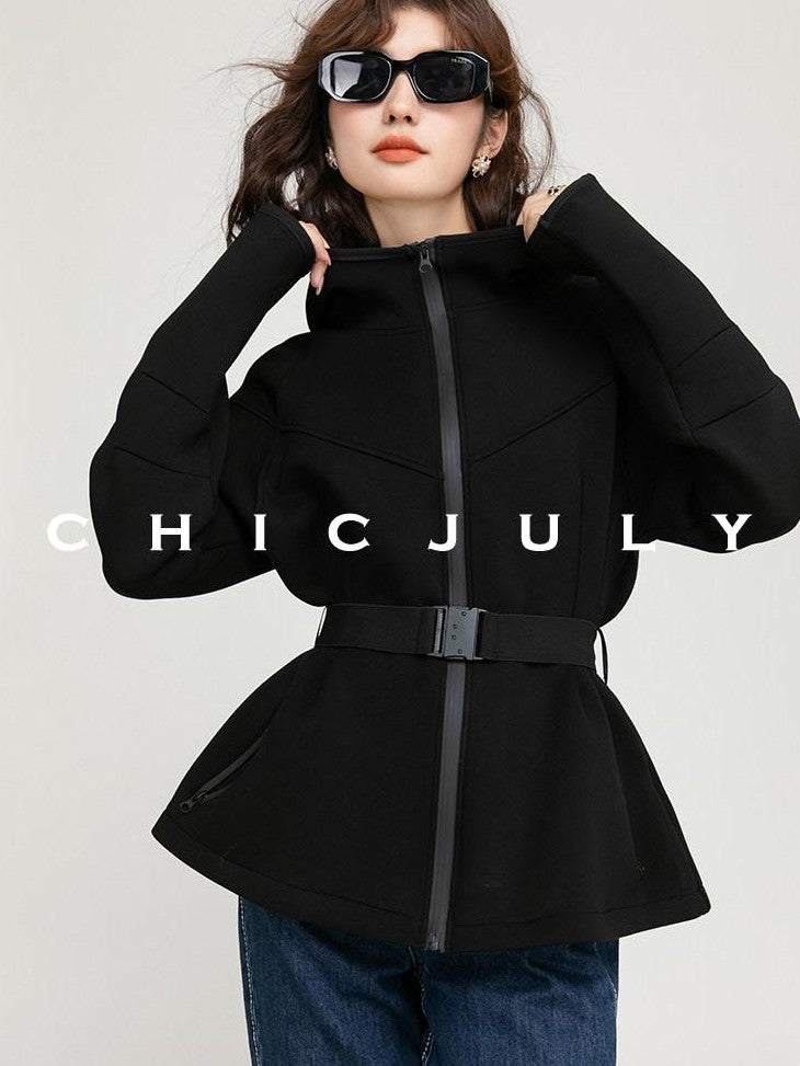 chicjuly Black Flocked Ultra Light Air Layer Hooded Waist Cinch Women's Casual Jackets