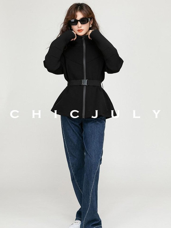chicjuly Black Flocked Ultra Light Air Layer Hooded Waist Cinch Women's Casual Jackets