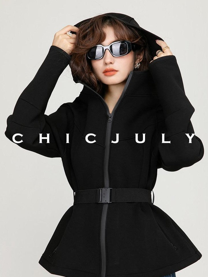 chicjuly Black Flocked Ultra Light Air Layer Hooded Waist Cinch Women's Casual Jackets