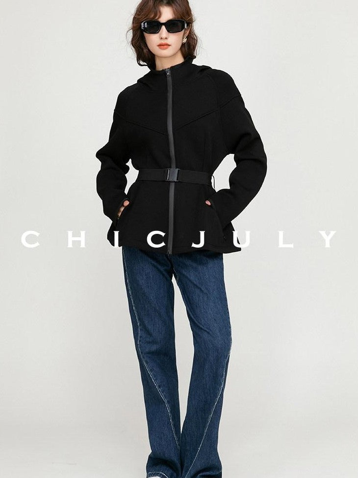 chicjuly Black Flocked Ultra Light Air Layer Hooded Waist Cinch Women's Casual Jackets