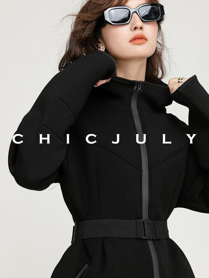 chicjuly Black Flocked Ultra Light Air Layer Hooded Waist Cinch Women's Casual Jackets