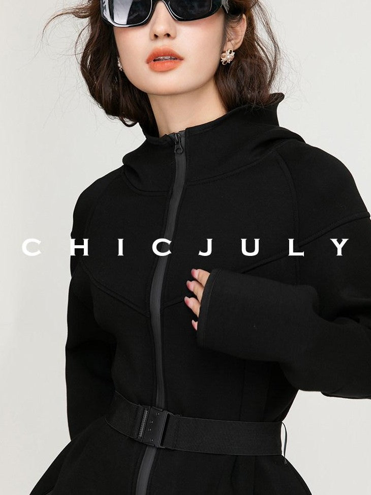 chicjuly Black Flocked Ultra Light Air Layer Hooded Waist Cinch Women's Casual Jackets