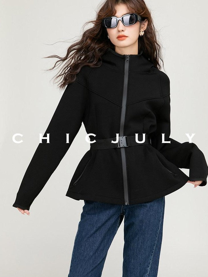 chicjuly Black Flocked Ultra Light Air Layer Hooded Waist Cinch Women's Casual Jackets