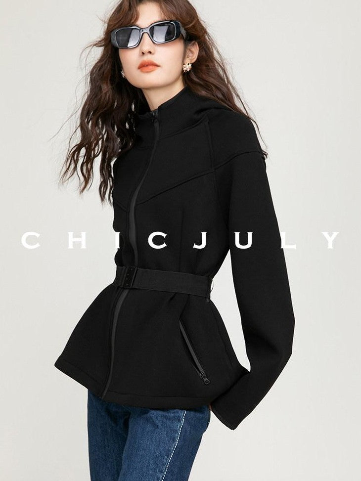 chicjuly Black Flocked Ultra Light Air Layer Hooded Waist Cinch Women's Casual Jackets