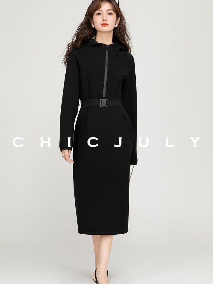 chicjuly Black Flocked Ultra Light Air Layer Hooded Waist Cinch Women's Casual Jackets