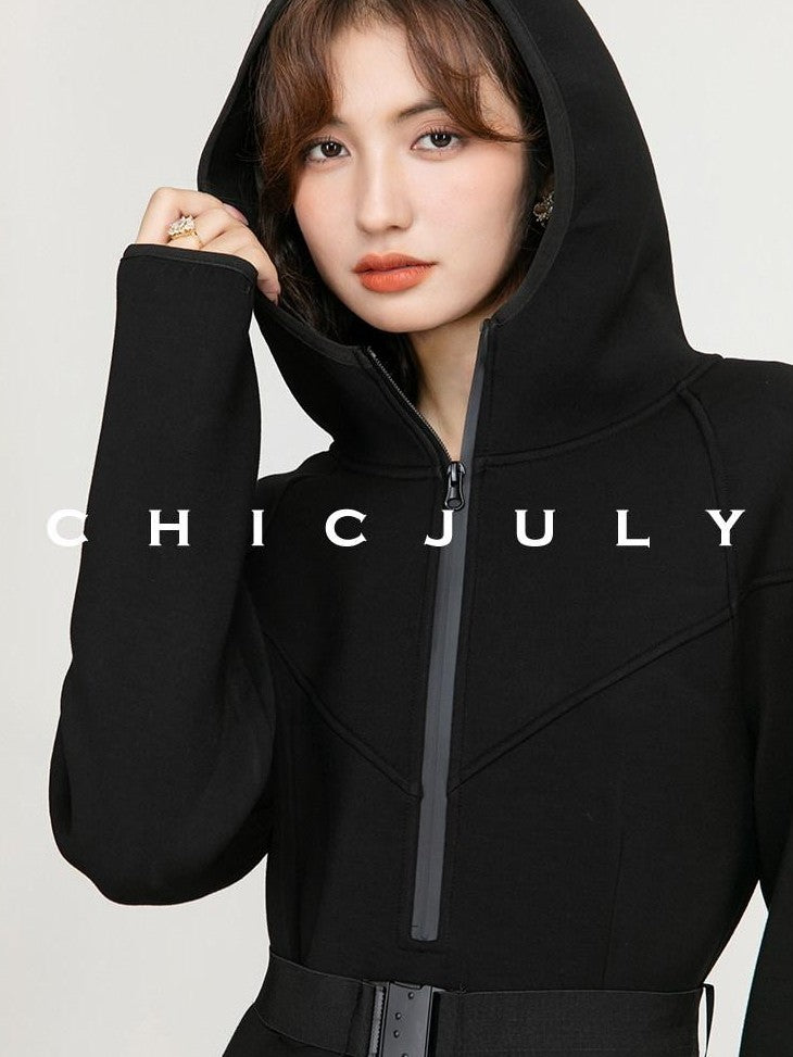 chicjuly Black Flocked Ultra Light Air Layer Hooded Waist Cinch Women's Casual Jackets