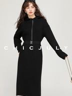 chicjuly Black Flocked Ultra Light Air Layer Hooded Waist Cinch Women's Casual Jackets