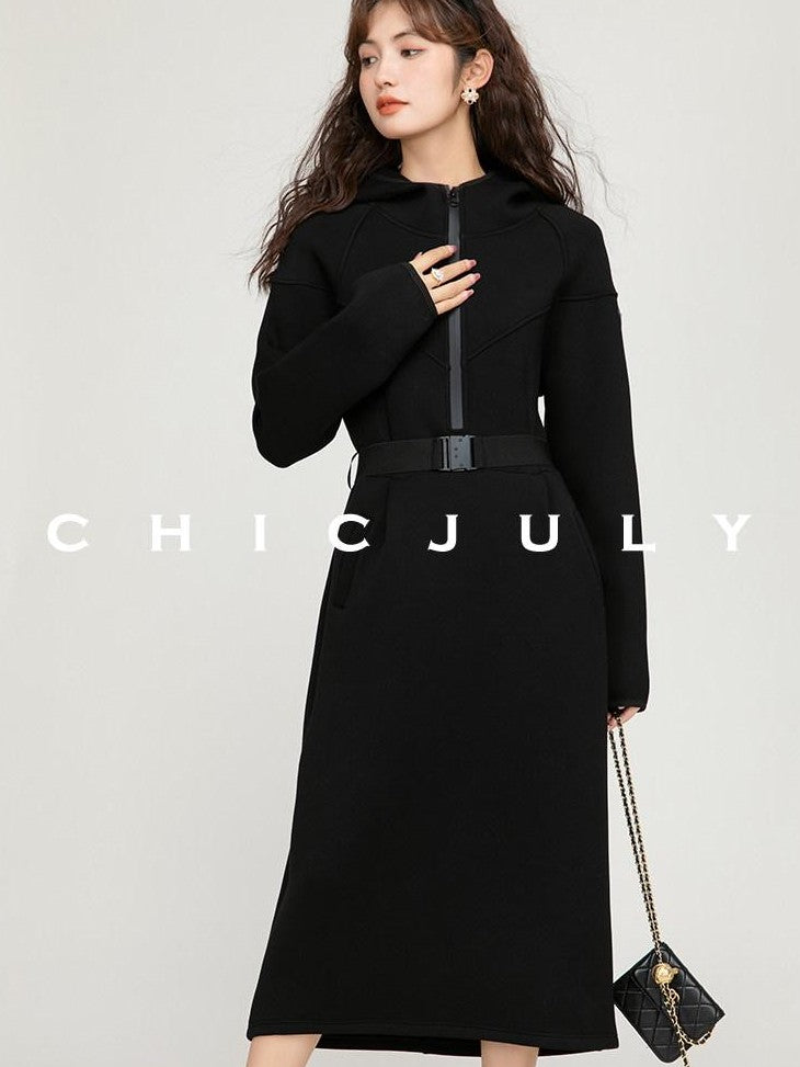 chicjuly Black Flocked Ultra Light Air Layer Hooded Waist Cinch Women's Casual Jackets