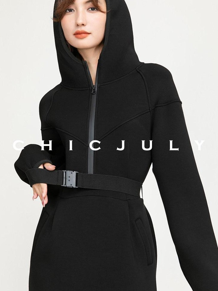 chicjuly Black Flocked Ultra Light Air Layer Hooded Waist Cinch Women's Casual Jackets