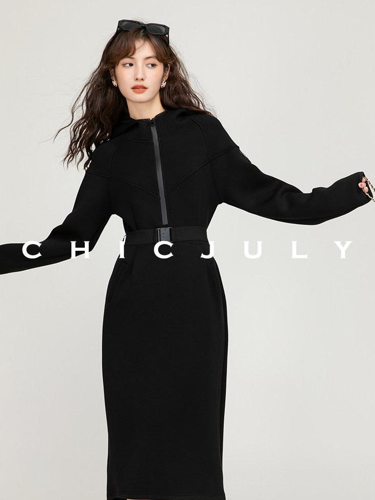 chicjuly Black Flocked Ultra Light Air Layer Hooded Waist Cinch Women's Casual Jackets