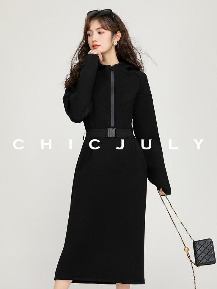 chicjuly Black Flocked Ultra Light Air Layer Hooded Waist Cinch Women's Casual Jackets