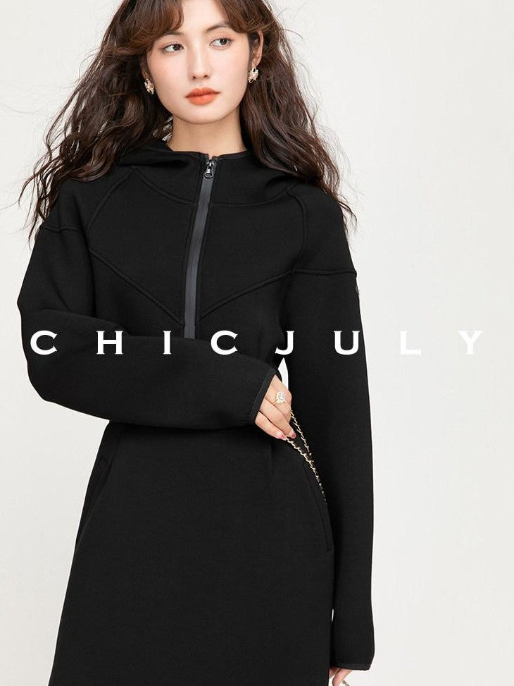 chicjuly Black Flocked Ultra Light Air Layer Hooded Waist Cinch Women's Casual Jackets