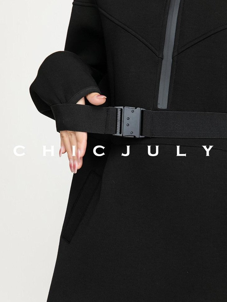 chicjuly Black Flocked Ultra Light Air Layer Hooded Waist Cinch Women's Casual Jackets