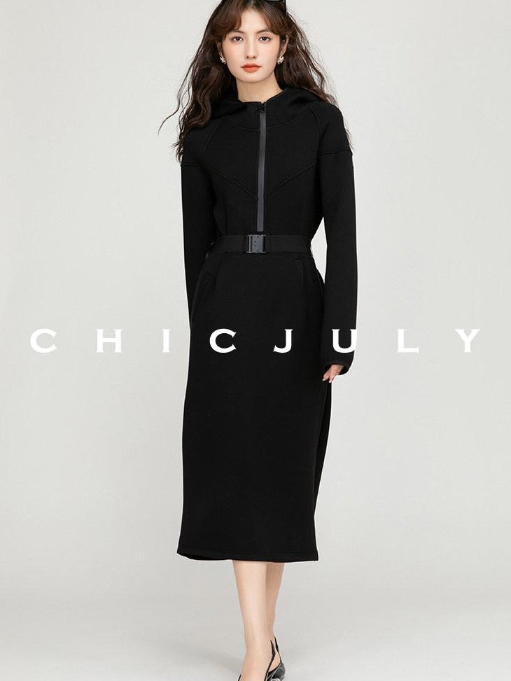chicjuly Black Flocked Ultra Light Air Layer Hooded Waist Cinch Women's Casual Jackets