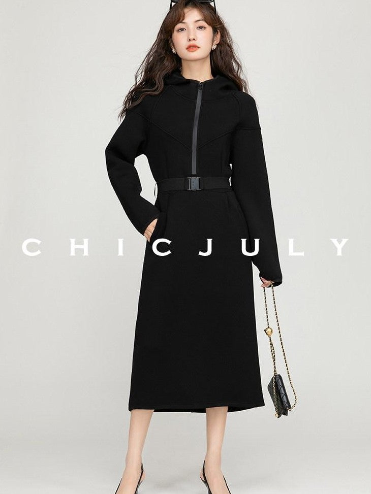 chicjuly Black Flocked Ultra Light Air Layer Hooded Waist Cinch Women's Casual Jackets