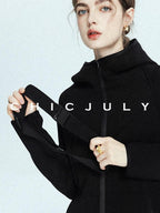 chicjuly Black Flocked Ultra Light Air Layer Hooded Waist Cinch Women's Casual Jackets