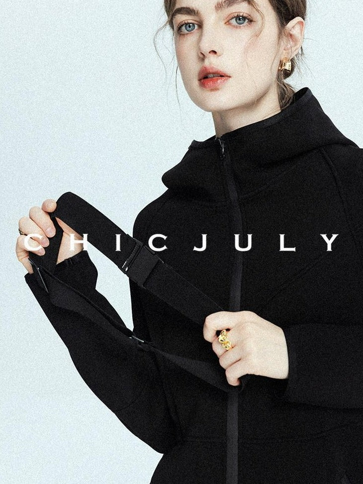 chicjuly Black Flocked Ultra Light Air Layer Hooded Waist Cinch Women's Casual Jackets