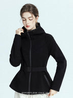 chicjuly Black Flocked Ultra Light Air Layer Hooded Waist Cinch Women's Casual Jackets