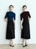 chicjuly Black Structured Tailoring High Waist A Line Women's Midi Skirts