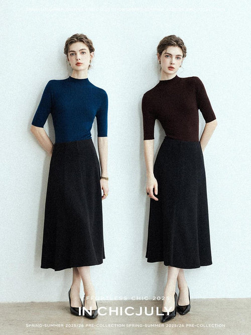 chicjuly Black Structured Tailoring High Waist A Line Women's Midi Skirts