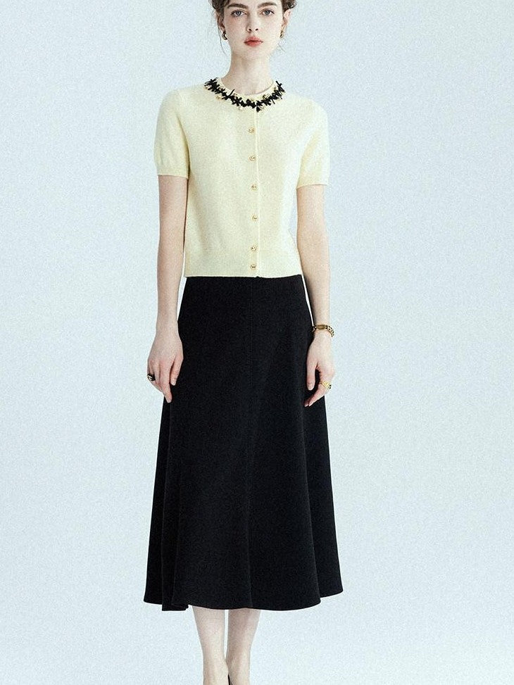 chicjuly Black Structured Tailoring High Waist A Line Women's Midi Skirts