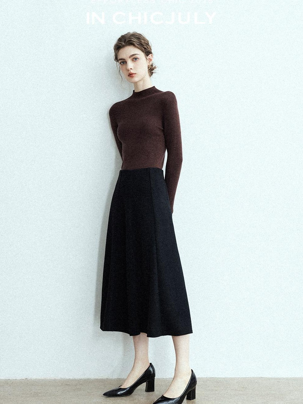 chicjuly Black Structured Tailoring High Waist A Line Women's Midi Skirts