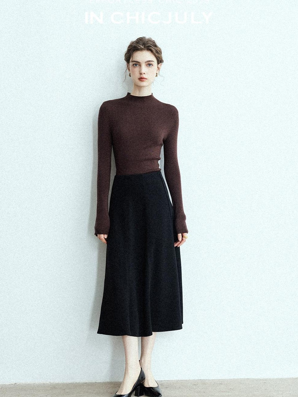 chicjuly Black Structured Tailoring High Waist A Line Women's Midi Skirts