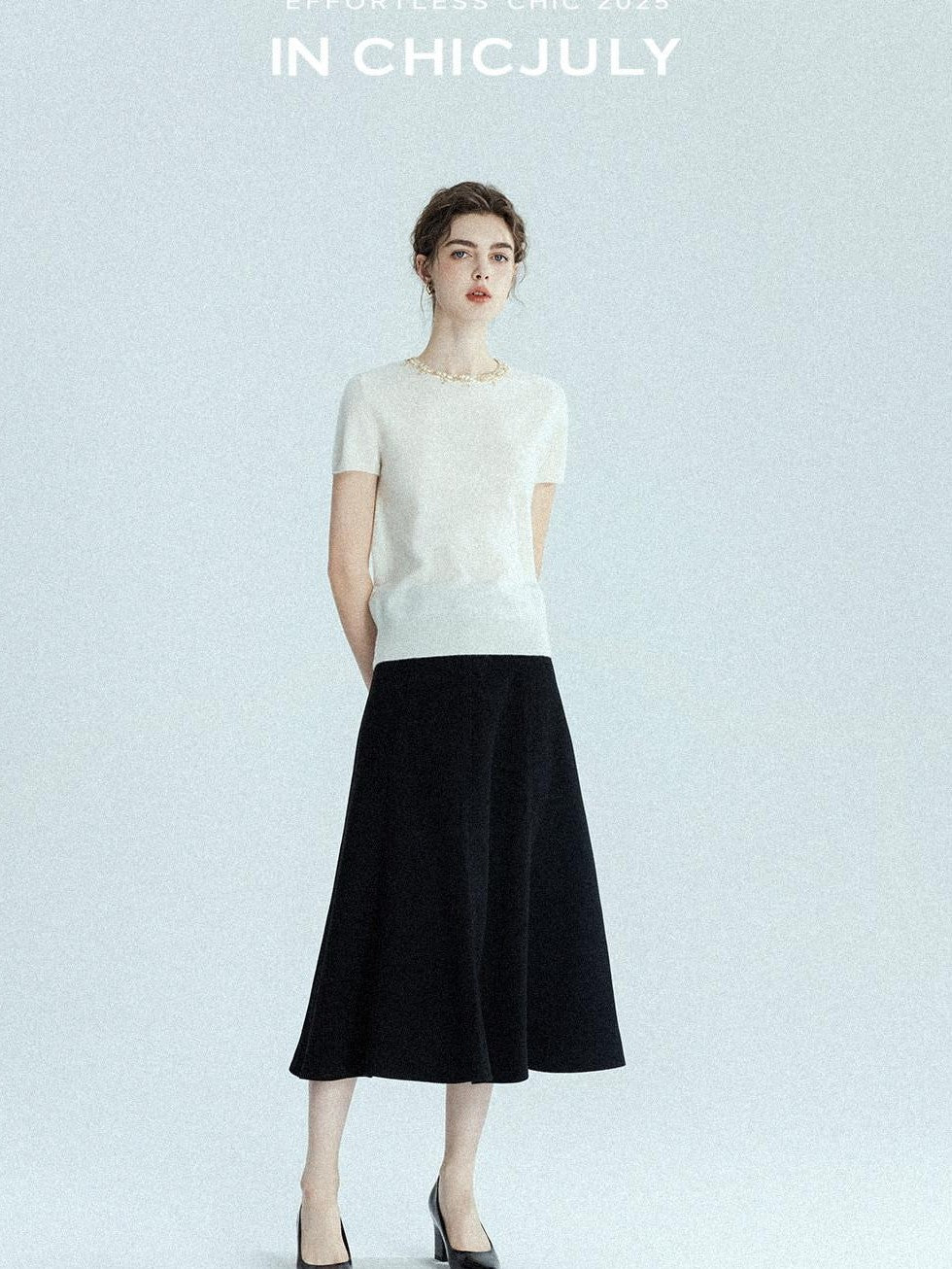 chicjuly Black Structured Tailoring High Waist A Line Women's Midi Skirts