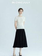 chicjuly Black Structured Tailoring High Waist A Line Women's Midi Skirts