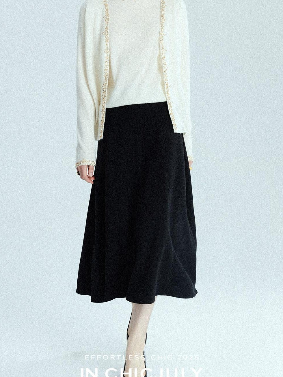 chicjuly Black Structured Tailoring High Waist A Line Women's Midi Skirts
