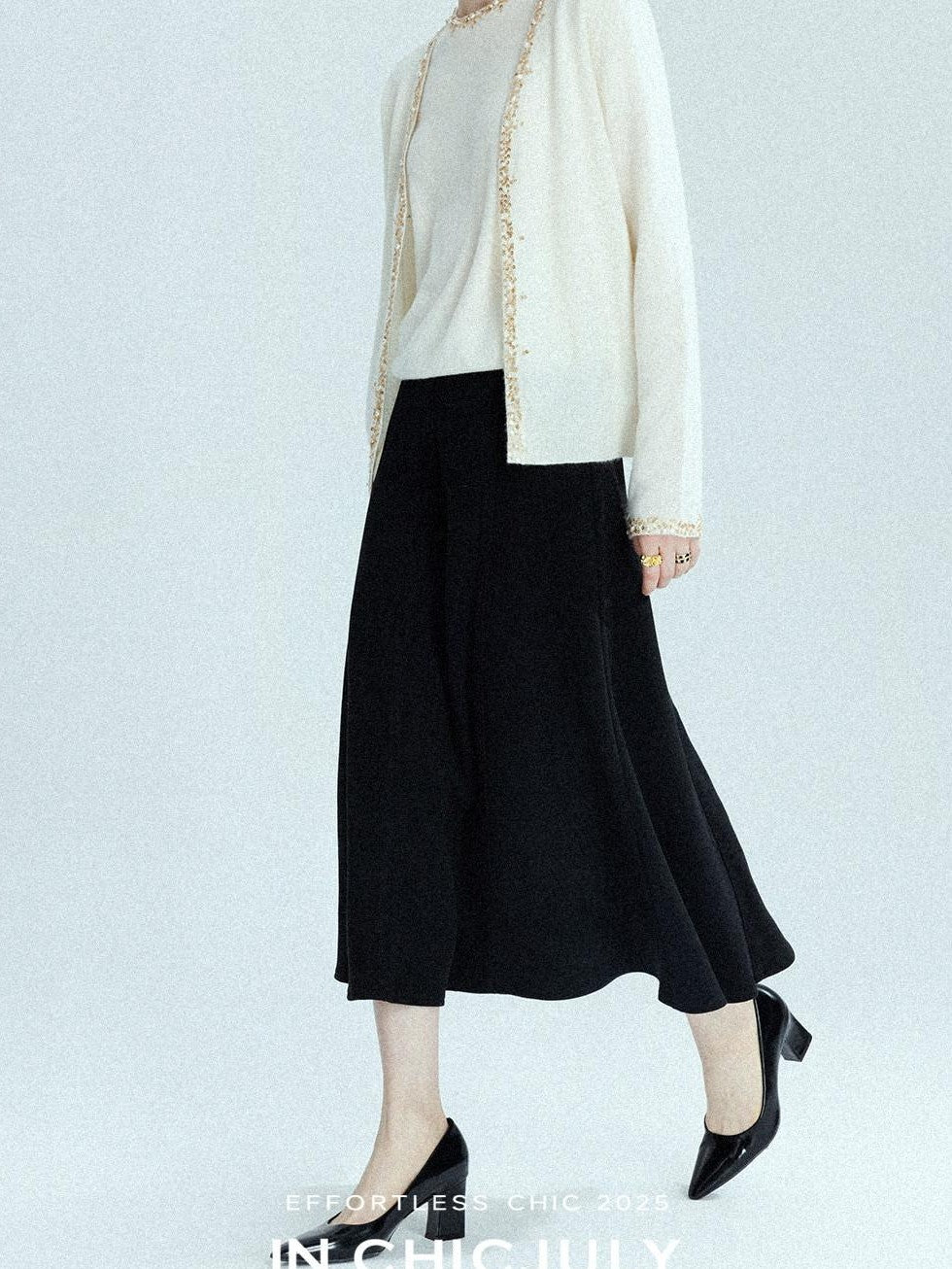 chicjuly Black Structured Tailoring High Waist A Line Women's Midi Skirts