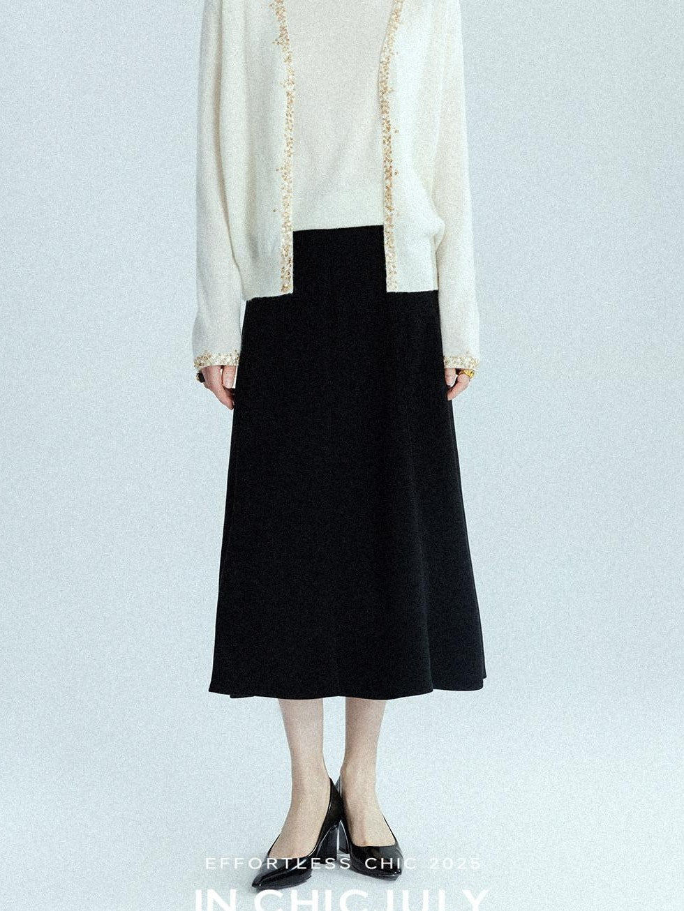 chicjuly Black Structured Tailoring High Waist A Line Women's Midi Skirts