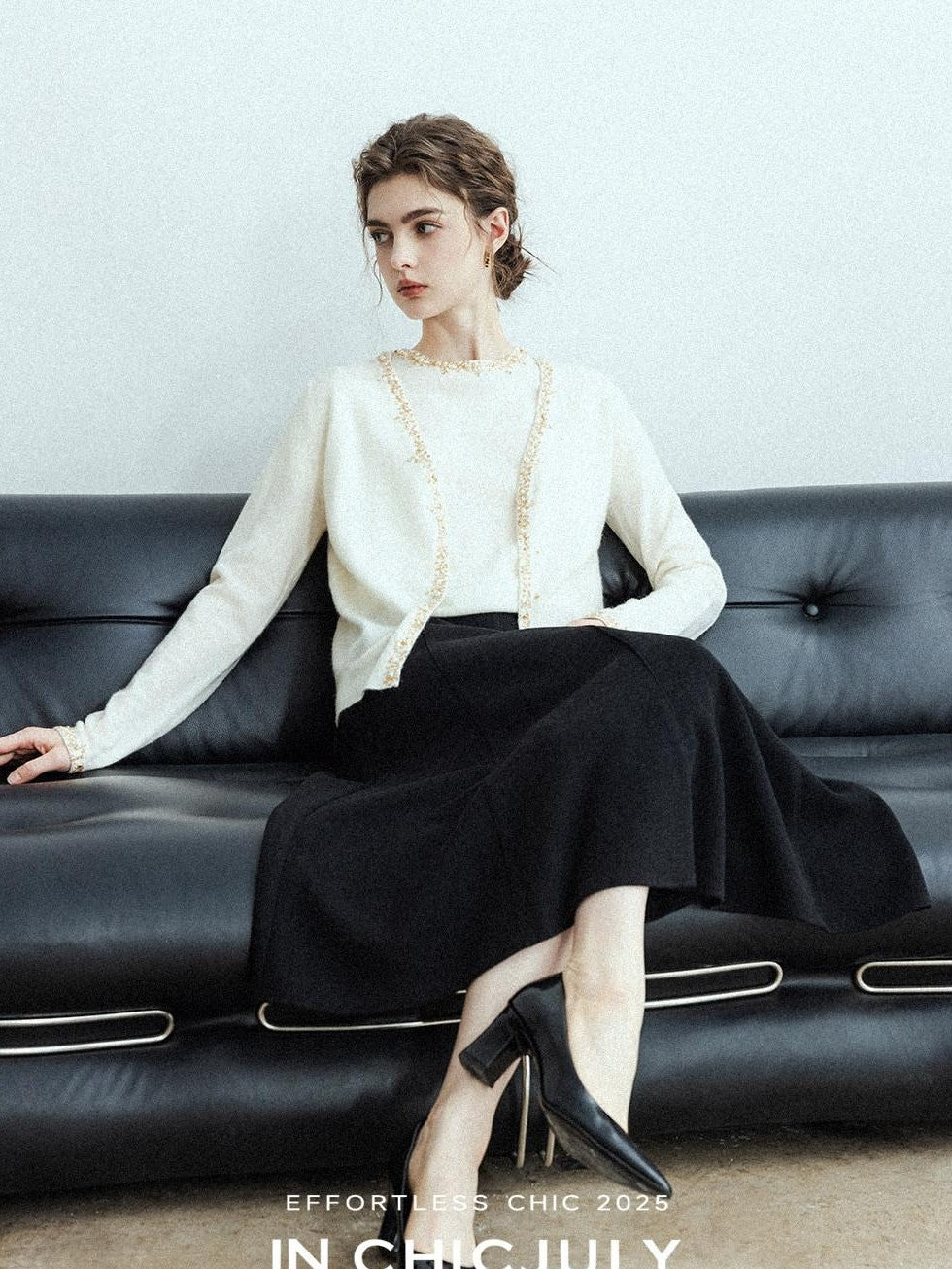 chicjuly Black Structured Tailoring High Waist A Line Women's Midi Skirts