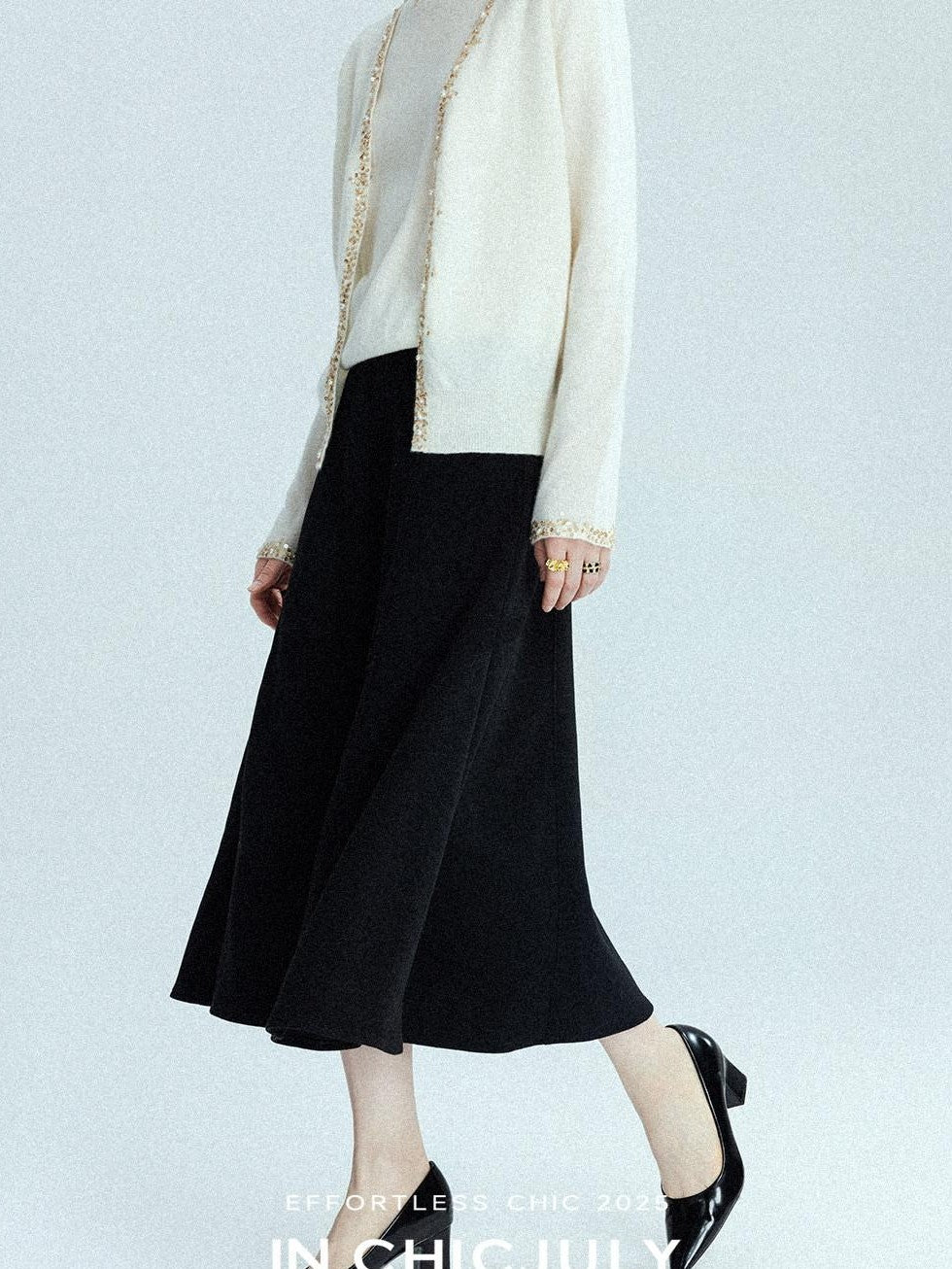 chicjuly Black Structured Tailoring High Waist A Line Women's Midi Skirts