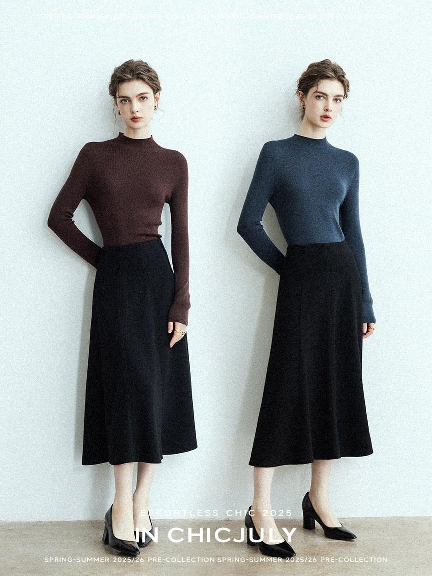 chicjuly Black Structured Tailoring High Waist A Line Women's Midi Skirts