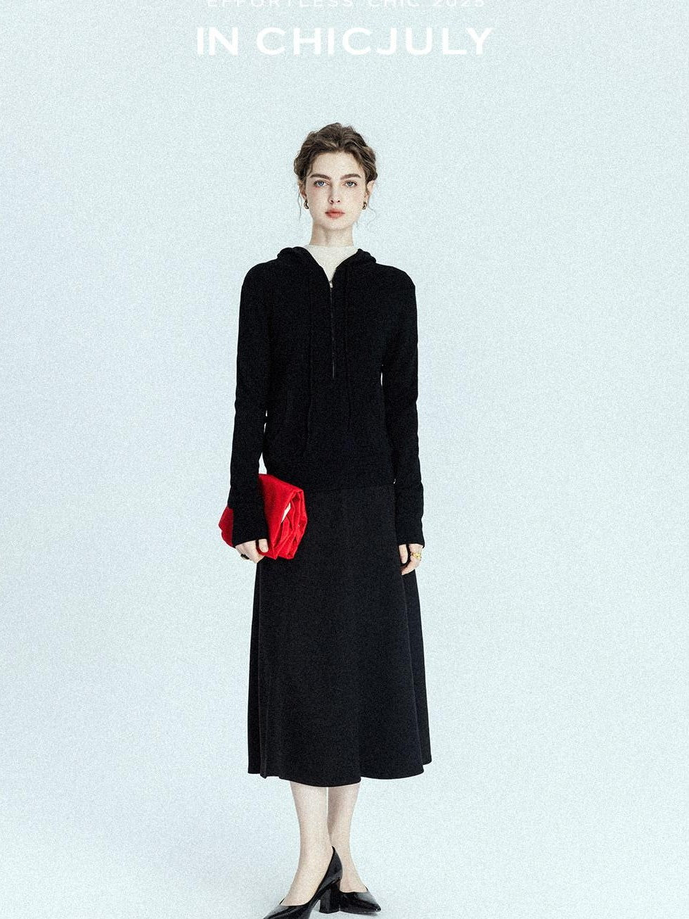 chicjuly Black Structured Tailoring High Waist A Line Women's Midi Skirts