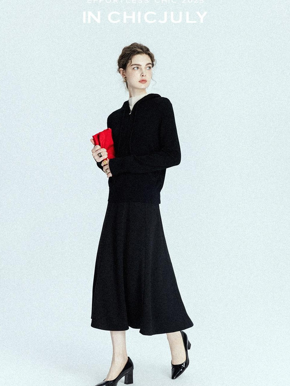 chicjuly Black Structured Tailoring High Waist A Line Women's Midi Skirts