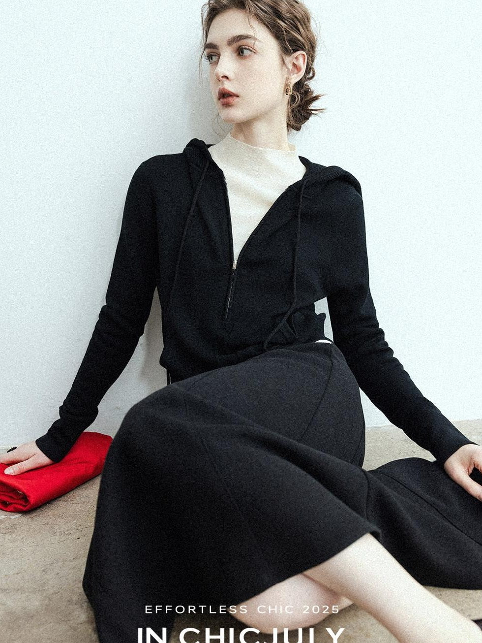 chicjuly Black Structured Tailoring High Waist A Line Women's Midi Skirts