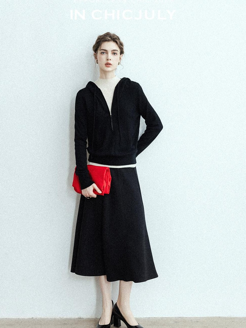 chicjuly Black Structured Tailoring High Waist A Line Women's Midi Skirts