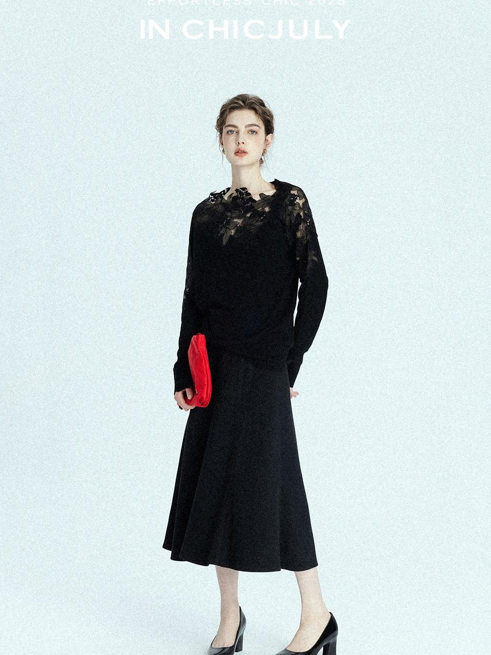 chicjuly Black Structured Tailoring High Waist A Line Women's Midi Skirts