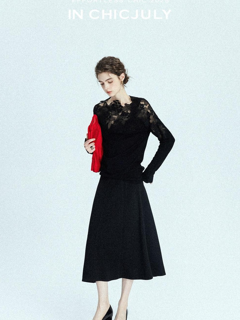 chicjuly Black Structured Tailoring High Waist A Line Women's Midi Skirts