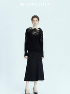 chicjuly Black Structured Tailoring High Waist A Line Women's Midi Skirts