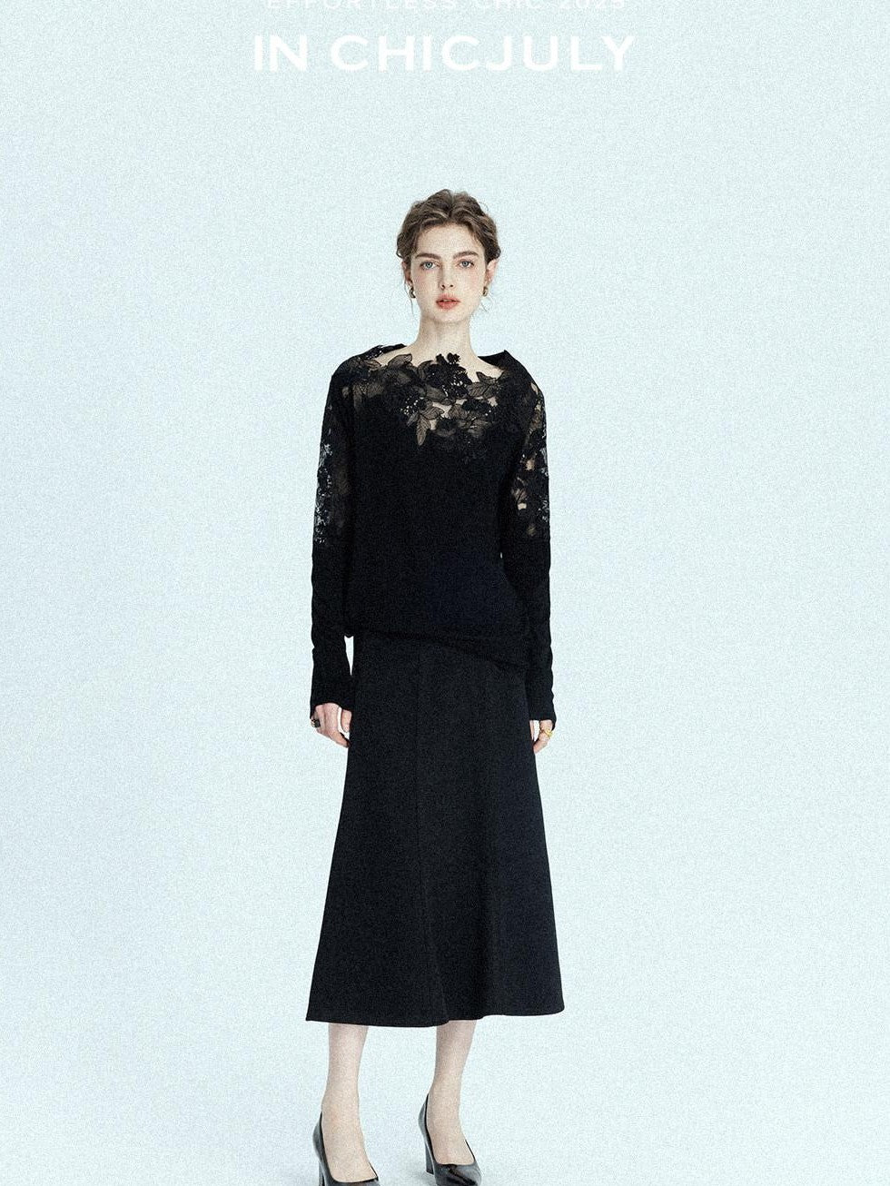 chicjuly Black Structured Tailoring High Waist A Line Women's Midi Skirts