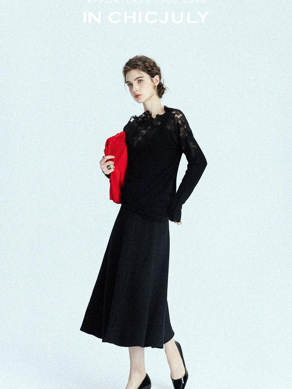chicjuly Black Structured Tailoring High Waist A Line Women's Midi Skirts